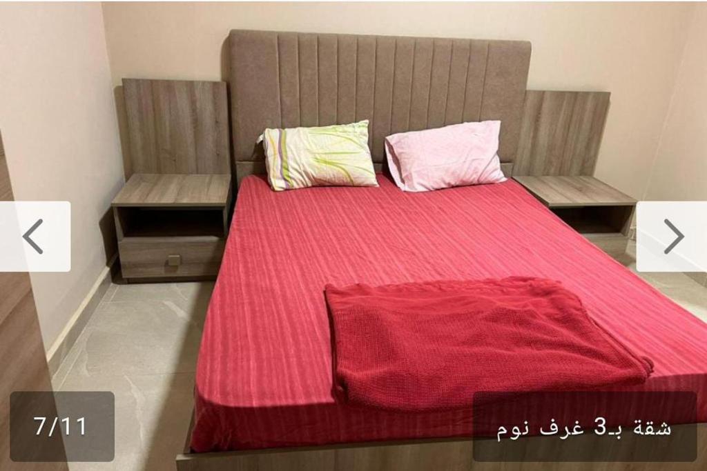 a bed with a red blanket and two pillows at night holiday in in Alexandria