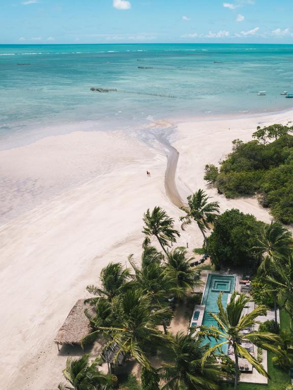 an aerial view of a beach with palm trees and the ocean at Paru Boutique Hotel in São Miguel dos Milagres