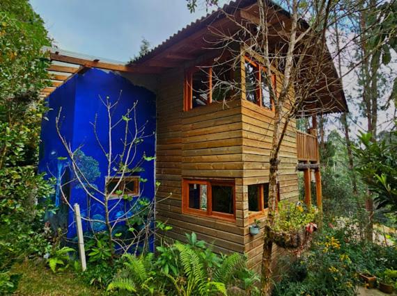 una pequeña casa de madera con una pared azul en Beehouse Arví Cabaña, en Guarne