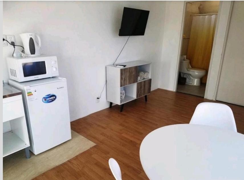 een woonkamer met een magnetron en een koelkast bij Apartamento 2 casa D'Furia in Colonia del Sacramento