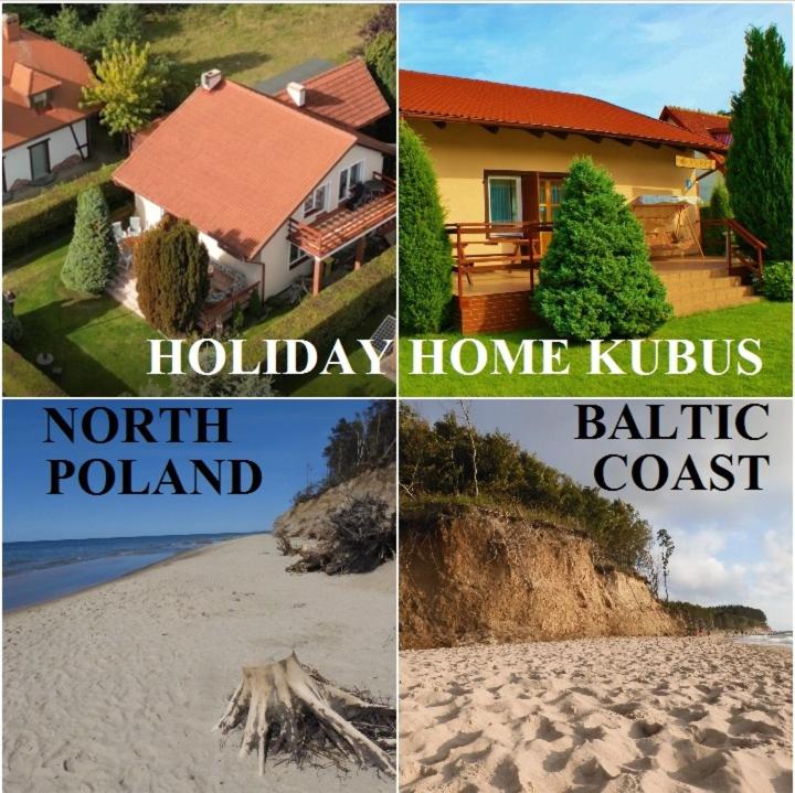 a collage of pictures of a house and a beach at Holiday Home Kubus in Poddąbie