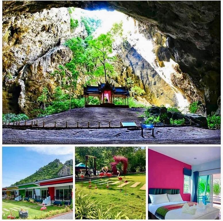 uma colagem de fotografias de um resort e de uma montanha em บ้านพักชายคลอง @บางปู สามร้อยยอด em Ban Bang Pu