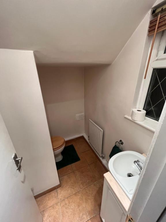 a bathroom with a toilet and a sink at Spacious Home w/ Parking & Garden in Worthing