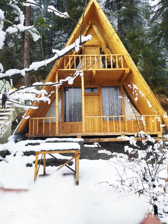 a cabin in the woods in the snow at Pinehill cottage in Jibhi