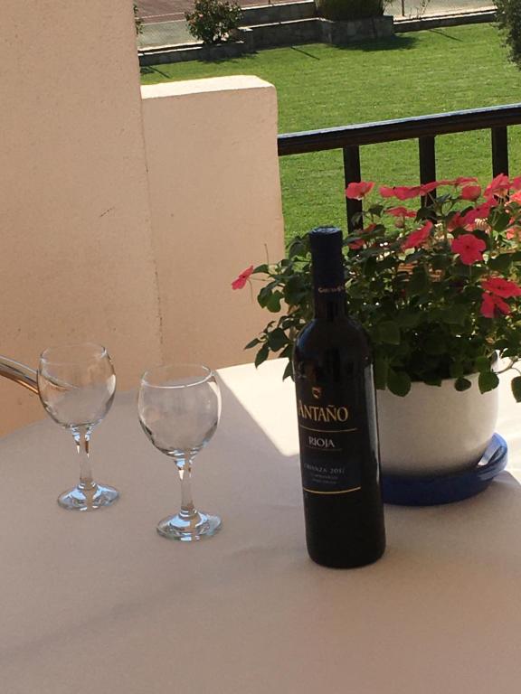 a bottle of wine and two glasses on a table at Apartamentos Turísticos Los LLanos in Cuevas del Almanzora