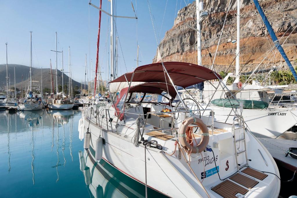 a white boat docked in a marina with other boats at Pato Lucas Sail Boat in San Sebastián de la Gomera
