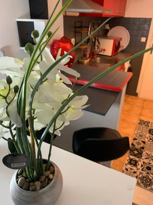 a vase filled with white flowers on a table at Studio coquet in Morangis