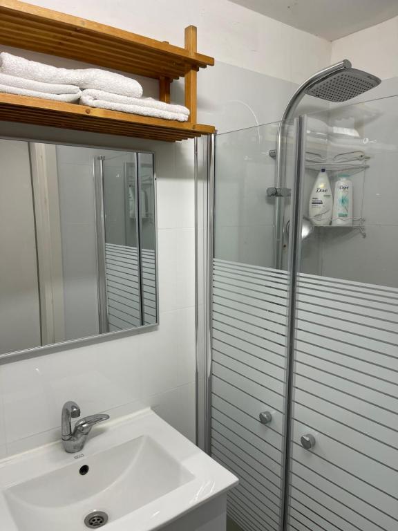 a bathroom with a sink and a shower at Spring-shell in Beer Sheva