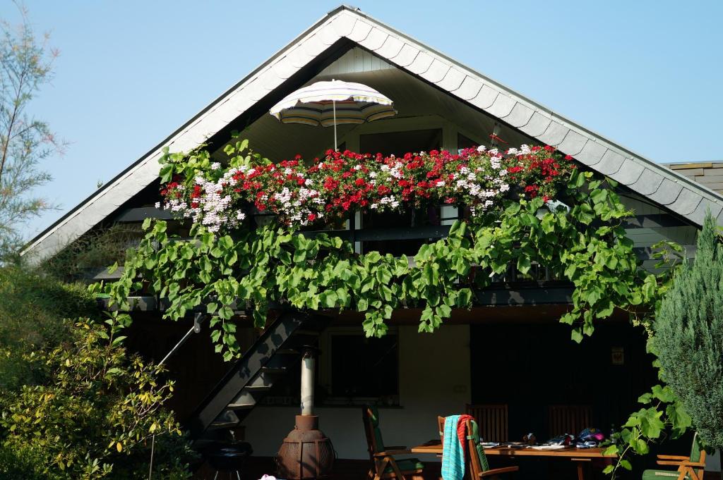ein Haus mit einer Fensterbox voller Blumen in der Unterkunft Ferienwohnung Am Fenn in Potsdam