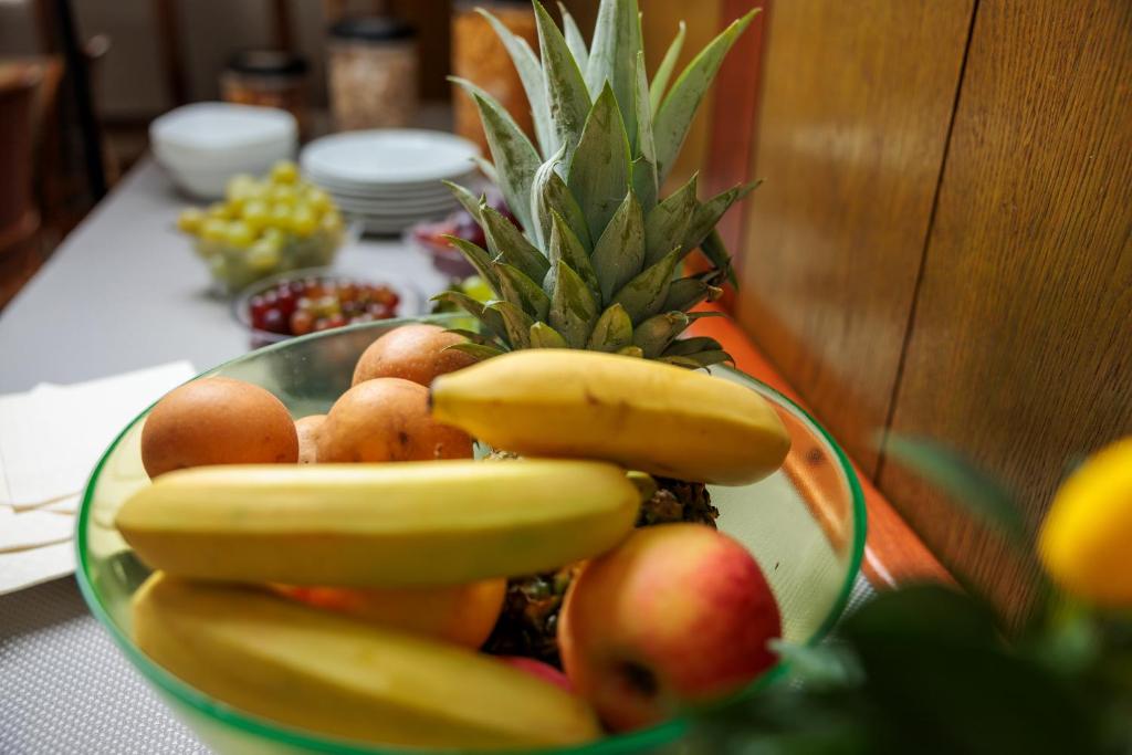 a bowl of fruit with bananas and apples on a table at Pansion Maltar Varaždin in Varaždin
