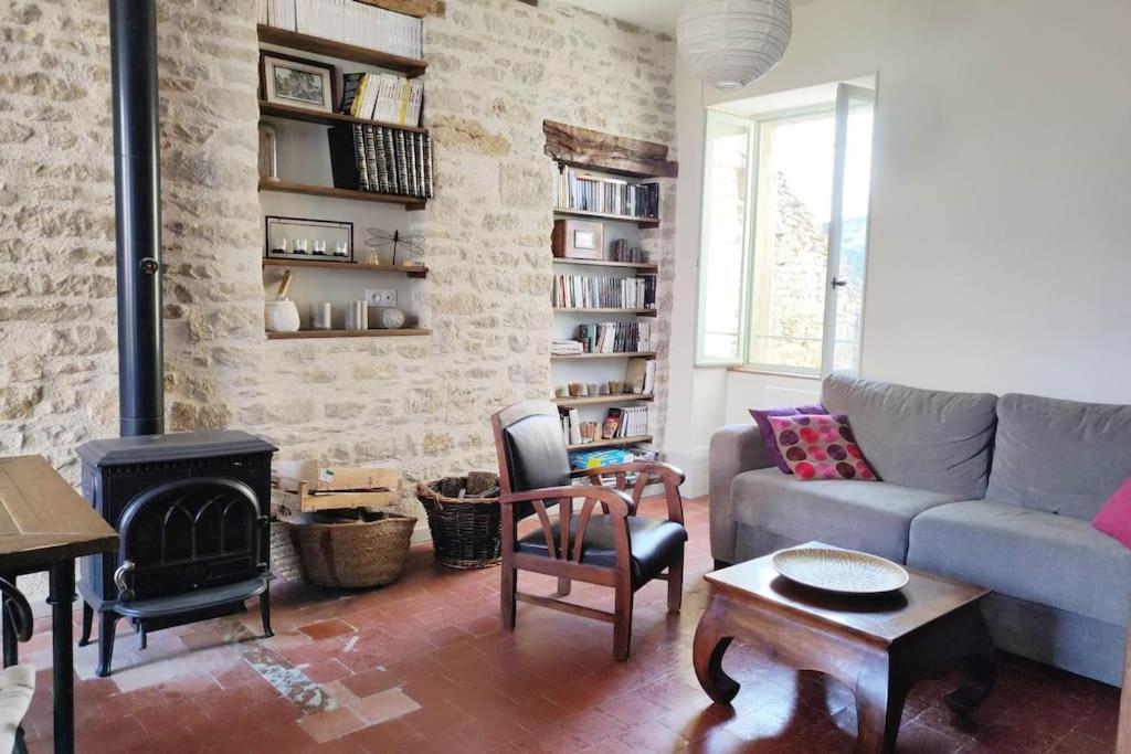 a living room with a couch and a fireplace at Les Hirondelles et la glycine in Montréal