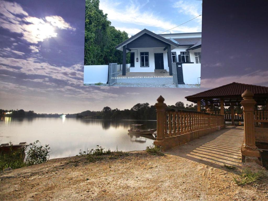 un collage di tre foto di una casa sul lago di Peradong Homestay Kuala Terengganu - Near Jetty Batu Hampar a Kuala Terengganu