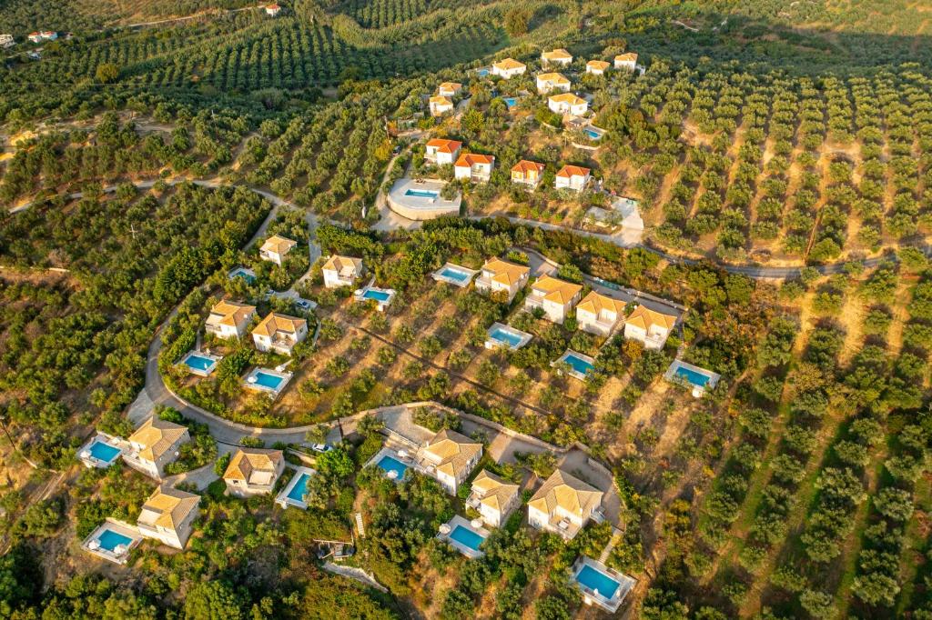 an overhead view of a suburb with houses and trees at Eleonas Holiday Houses in Gialova