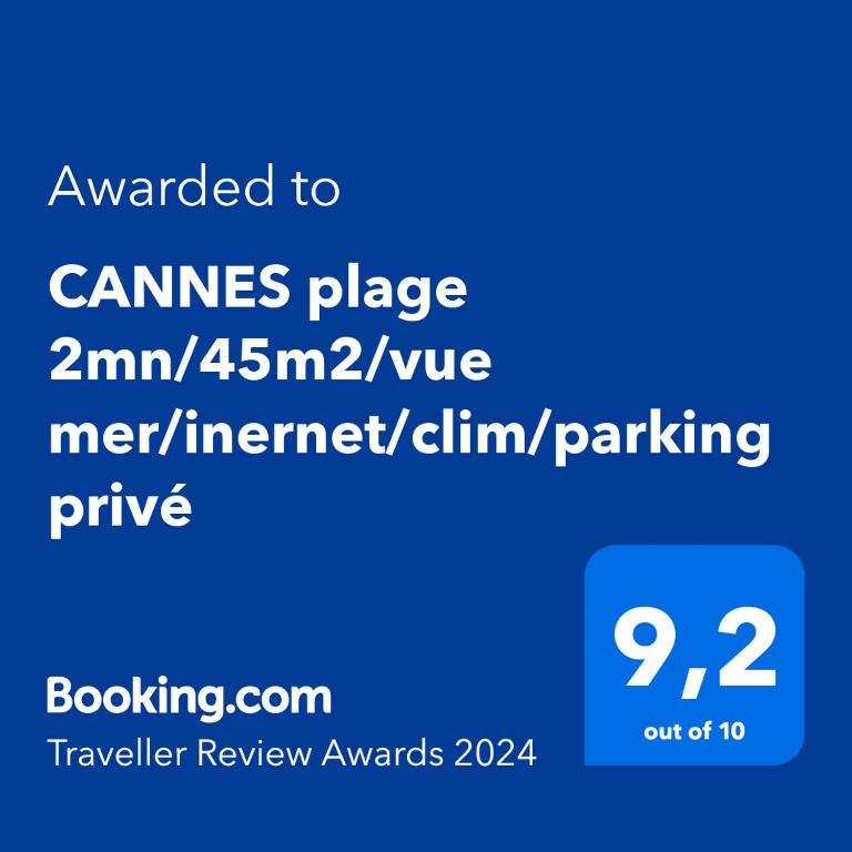une capture d'écran d'un téléphone portable avec le texte désiré pour jouer dans l'établissement CANNES plage 2mn/45m2/vue mer/inernet/clim/parking privé, à Cannes