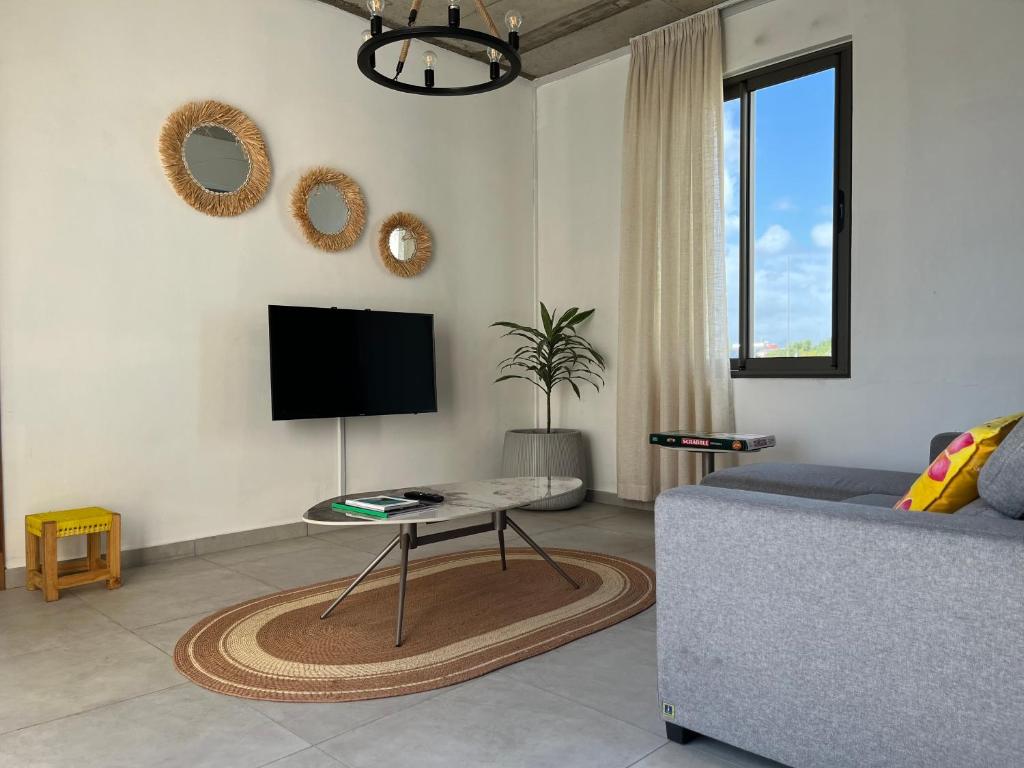 a living room with a couch and a tv at Cosy Apartment in Pereybere - Season Break in Pereybere