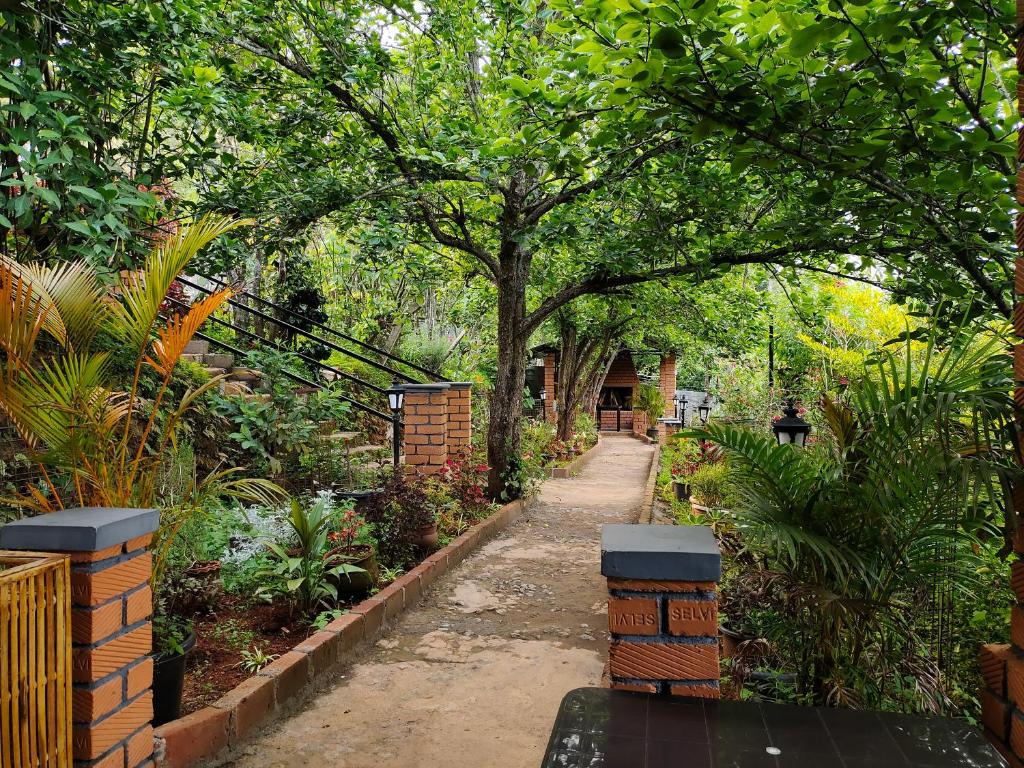 ścieżka w ogrodzie z drzewami i roślinami w obiekcie Pear Tree Entire 2BHK Villa Kotagiri w mieście Kotagiri