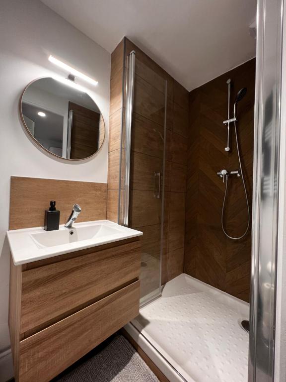y baño con lavabo y ducha con espejo. en Immeuble de 4 appartements à thèmes, en Abbeville