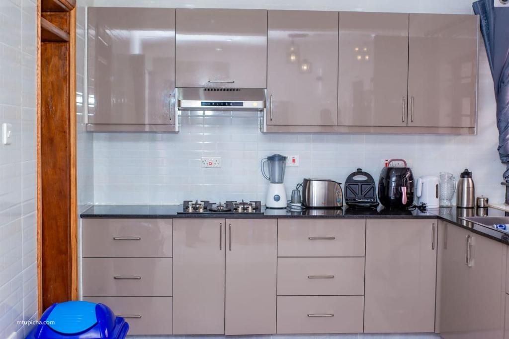 una cocina con armarios blancos y electrodomésticos de plata en Captain Villa Narok, en Narok