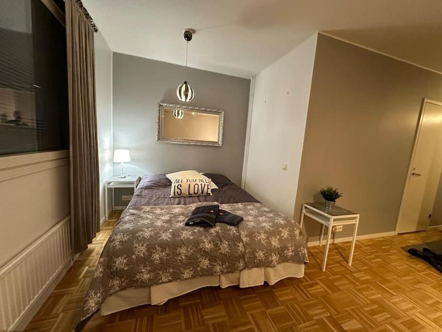 - une chambre avec un lit et un miroir mural dans l'établissement Pikku-Utopia - Studio withSauna, à Tornio