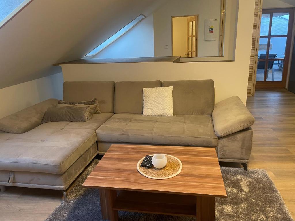 uma sala de estar com um sofá e uma mesa em Apartmán Putim em Písek
