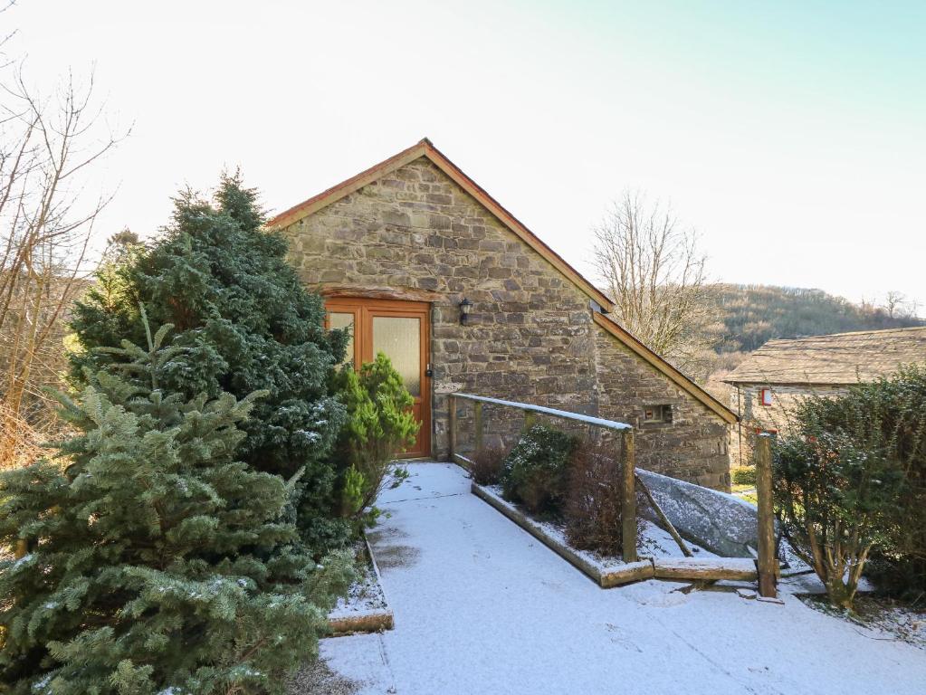 a house with a christmas tree in front of it at Y Felin in Llanybydder