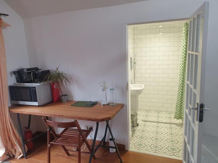um quarto com uma mesa com um micro-ondas e uma casa de banho em Private double bedroom ensuite with patio em Londres