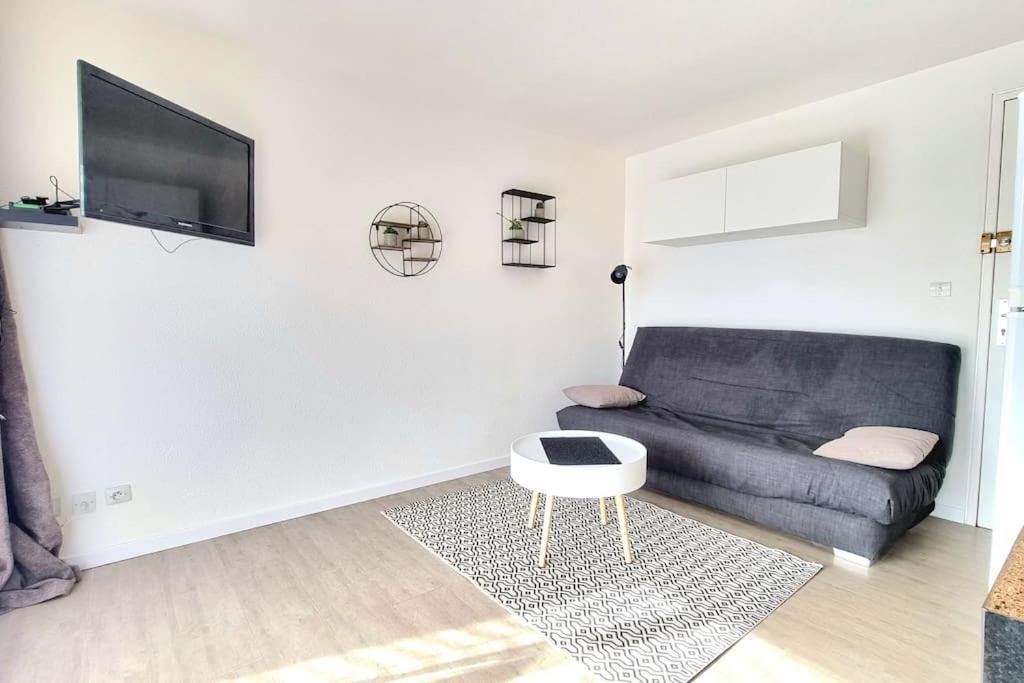 un salon avec un canapé et une télévision dans l'établissement Appartement Iris Résidence les Grenadines, à Gruissan