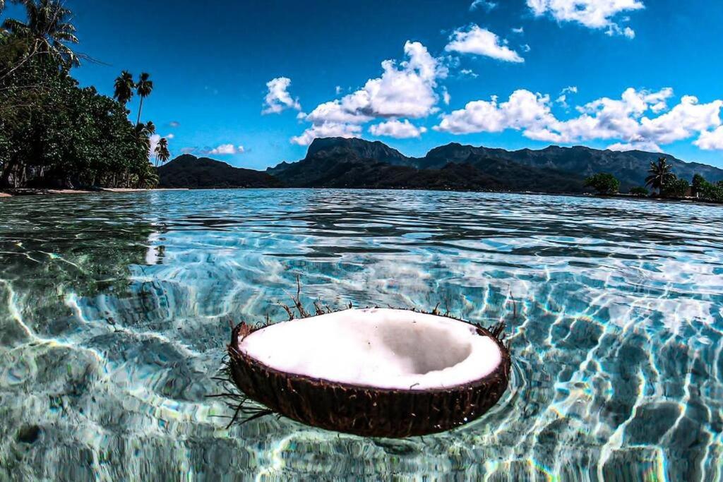 a boat floating in the water with mountains in the background at Villa Ruma Maria in Uturoa