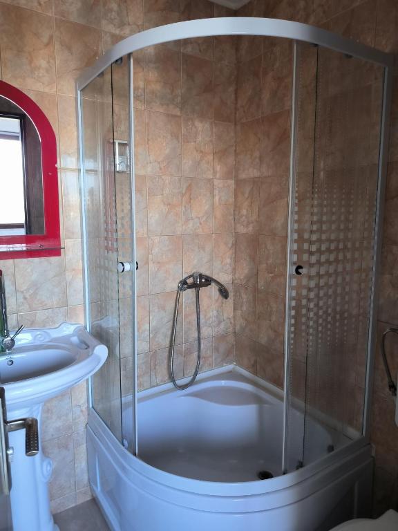 a bathroom with a shower and a tub and a sink at Vila Gherghisan in Valu lui Traian