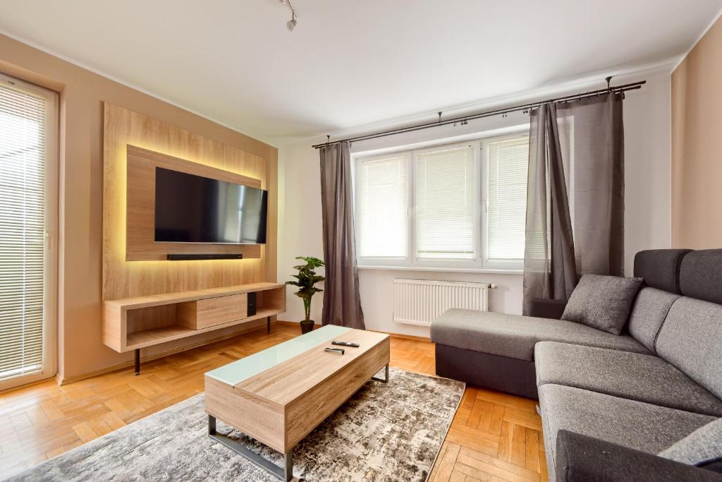 salon z kanapą i telewizorem w obiekcie Apartament Kapelanka CoWork w Krakowie