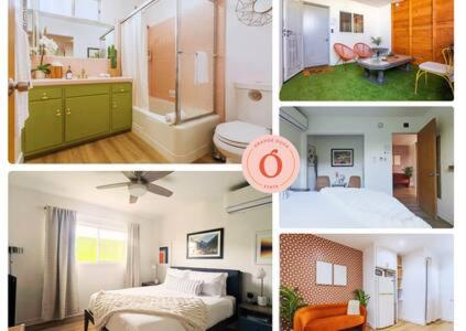a collage of pictures of a bedroom and a bathroom at Mid Century 1BR Apt w Patio Near LAX Playa Vista Beach in Los Angeles