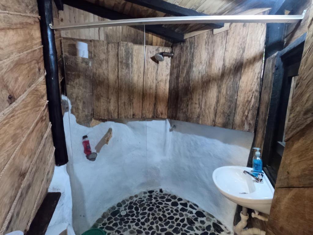 een badkamer met een wastafel en een toilet bij Cabaña Eco-Río Cristalino/Hamacas/Fogata in San Francisco