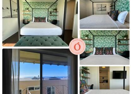 un collage de cuatro fotos de un dormitorio en Ocean View Studio Manhattan Beach, en Manhattan Beach