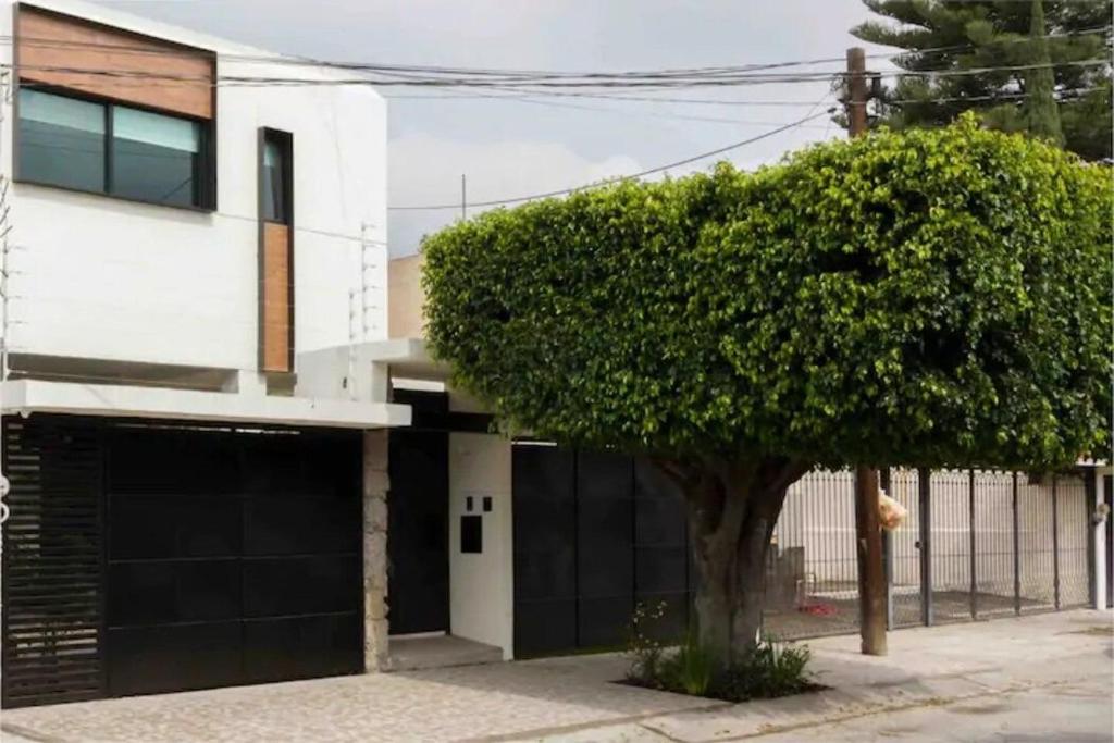 a tree in front of a building with a garage at Limoná Suite Jardín. Fresh Elegance Jacuzzi & A.C. in Guadalajara