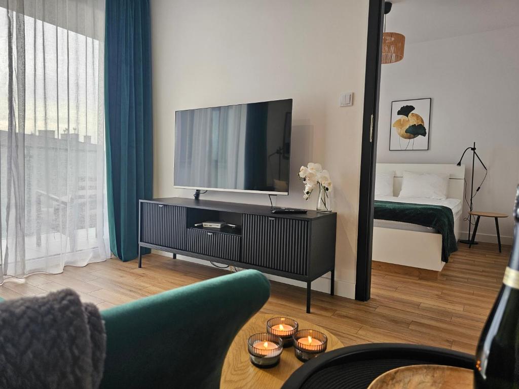 a living room with a television and a couch at URBAN APARTMENTS PREMIUM, Opolska 10 No 67A, Free Garage, Self Check-in in Katowice