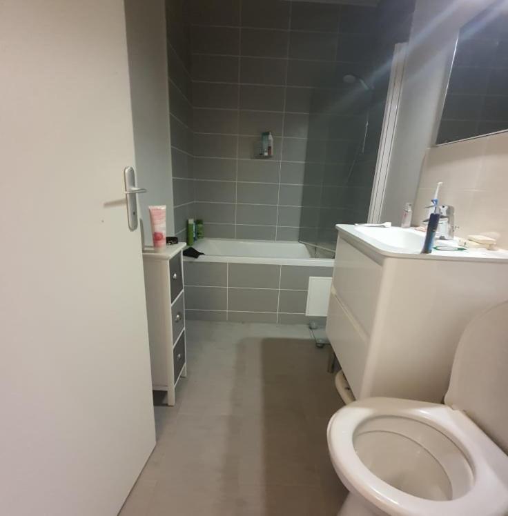La salle de bains est pourvue de toilettes, d'un lavabo et d'une baignoire. dans l'établissement Sam's, à Le Pré-Saint-Gervais