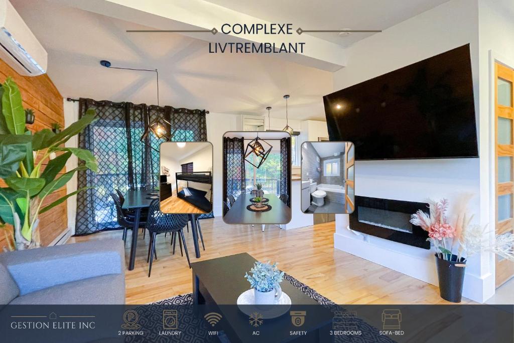 un salon avec une grande télévision à écran plat dans l'établissement Complexe LIVTremblant by Gestion ELITE - LIV4, à Mont-Tremblant