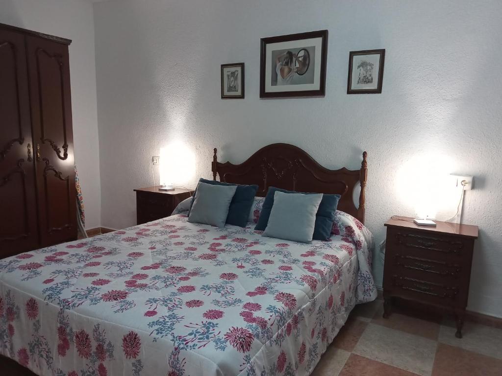 1 dormitorio con 1 cama con colcha de flores en Casa Pinos en Siles