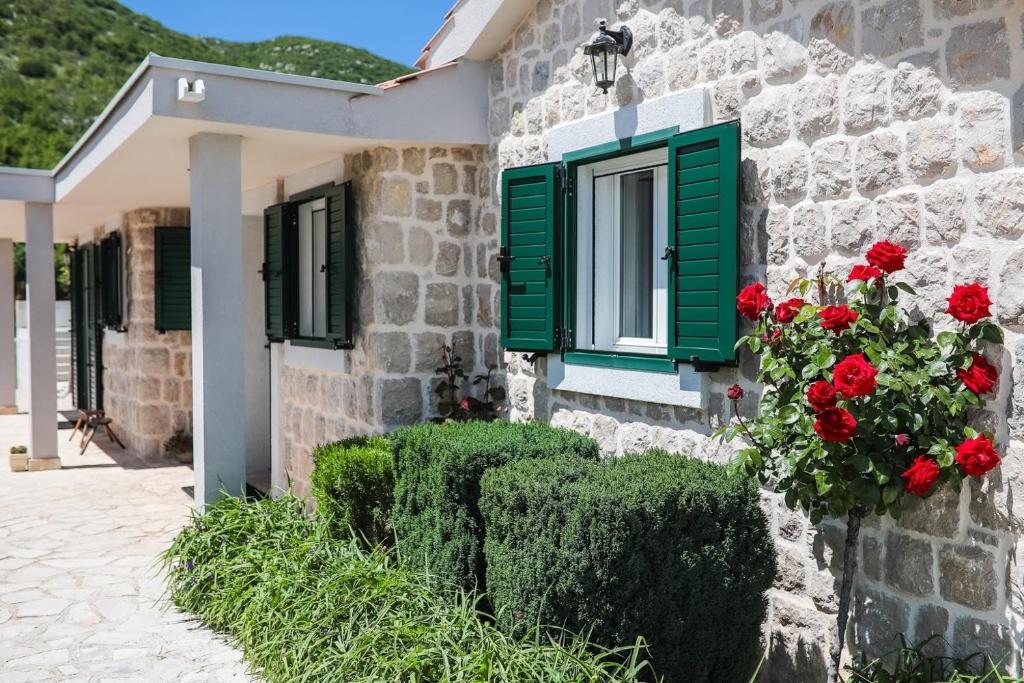 a stone house with green windows and red flowers at Family friendly house with a swimming pool Duge Njive, Zagora - 22311 in Vrgorac
