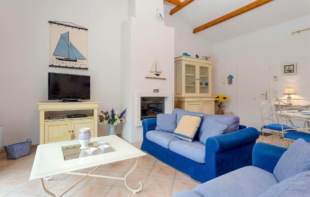 a living room with a blue couch and a tv at Le Domaine De Vertmarines in Saint-Jean-de-Monts
