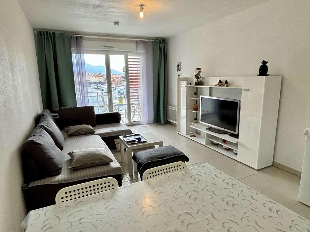 un salon avec un canapé et une télévision dans l'établissement Appartement calme 2 pièces avec terrasse et parking, proche plage à Argelès-sur-Mer - FR-1-225-803, à Argelès-sur-Mer