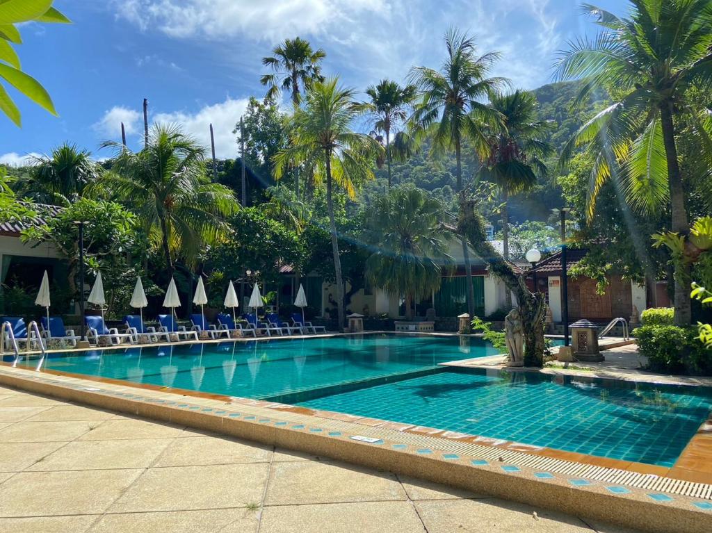 a large swimming pool with chairs and palm trees at Garden Home Kata in Kata Beach