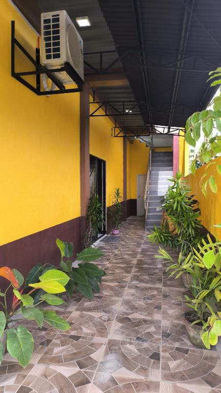 un couloir vide avec des plantes dans un bâtiment dans l'établissement Eva's Guest House, à Bais