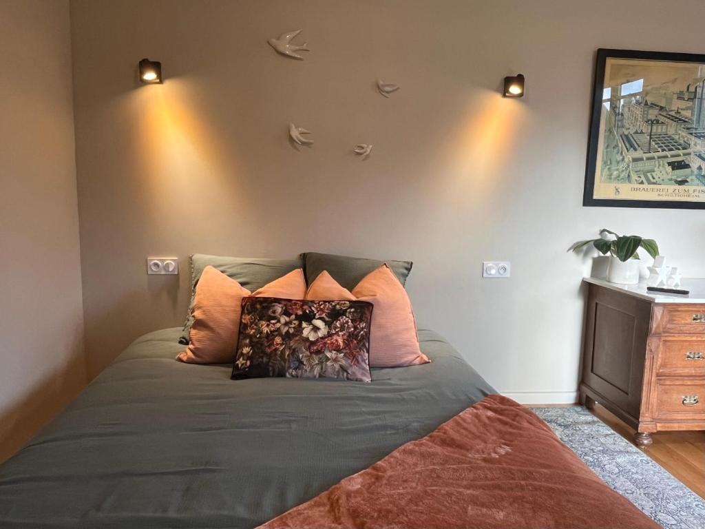 um quarto com uma cama com duas almofadas em Studio de charme avec terrasse privée em Bouxwiller