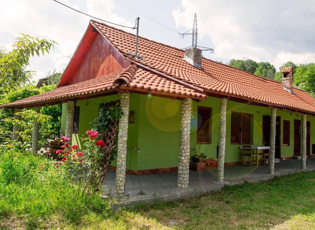 una pequeña casa verde con techo rojo en Casa Matteo, en Arefu