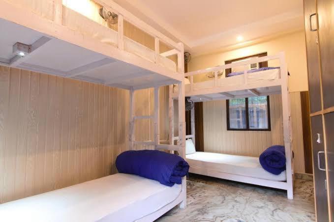 THE ROXXY ROYAL في ريشيكيش: غرفة نوم مع سريرين بطابقين مع وسائد زرقاء