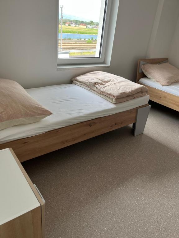 2 Betten in einem Zimmer mit Fenster in der Unterkunft Zimmervermietung Asten in Linz