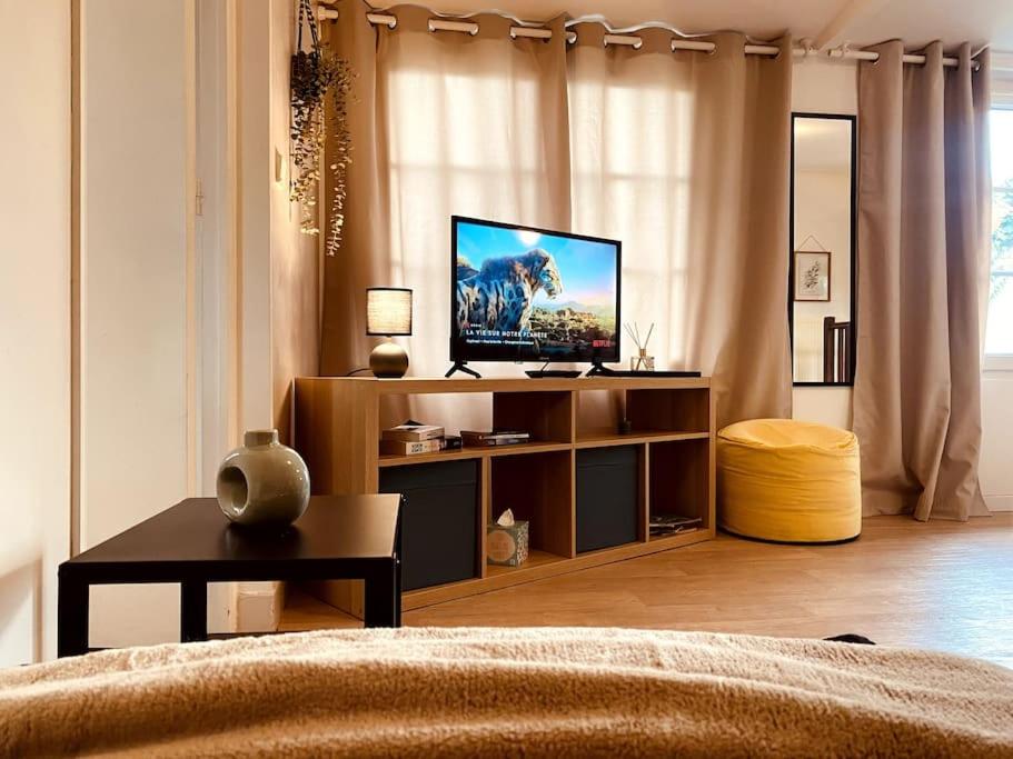 a living room with a flat screen tv on a entertainment center at Le Soleil Parisien in Villejuif
