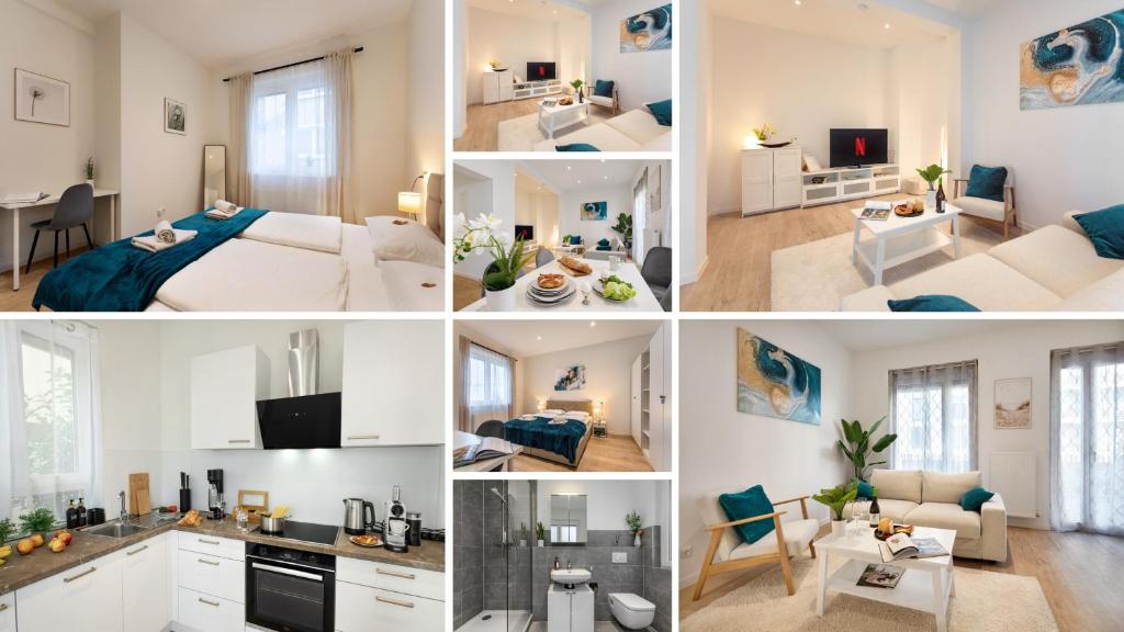 een collage van foto's van een slaapkamer en een woonkamer bij Rosenberg-Oase - Stellplatz, zentral, 2Zi-4P-78m2, Terasse, e-Parking in 100m in Heilbronn