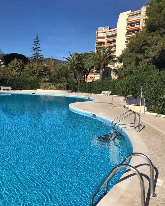 - une piscine avec un dauphin dans l'eau dans l'établissement Appartement Marina, à Mandelieu-la-Napoule